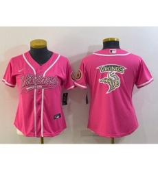 Women's Minnesota Vikings Pink Team Big Logo With Patch Cool Base Stitched Baseball Jersey
