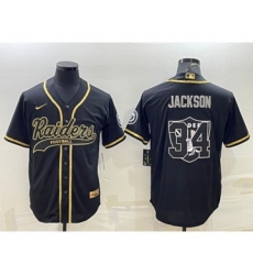Men's Las Vegas Raiders #34 Bo Jackson Black Gold Team Big Logo With Patch Cool Base Stitched Baseball Jersey