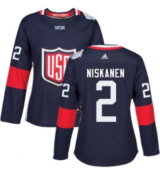 Women's Adidas Team USA #2 Matt Niskanen Premier Navy Blue Away 2016 World Cup Hockey Jersey