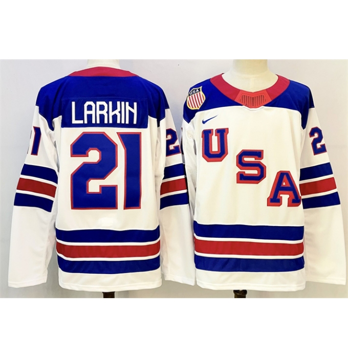Men's USA #21 Dylan Larkin White 2025-2026 Stitched Jersey