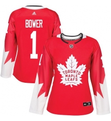 Women's Adidas Toronto Maple Leafs #1 Johnny Bower Authentic Red Alternate NHL Jersey