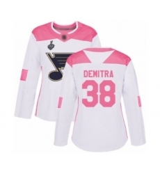 Women's St. Louis Blues #38 Pavol Demitra Authentic White Pink Fashion 2019 Stanley Cup Final Bound Hockey Jersey