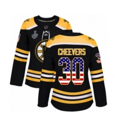 Women's Boston Bruins #30 Gerry Cheevers Authentic Black USA Flag Fashion 2019 Stanley Cup Final Bound Hockey Jersey