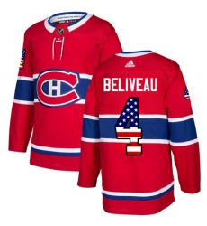 Men's Adidas Montreal Canadiens #4 Jean Beliveau Authentic Red USA Flag Fashion NHL Jersey