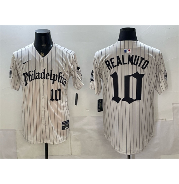 Men's Philadelphia Phillies #10 J.T. Realmuto Cream Pinstripe Gothic Vapor Limited Stitched Jersey