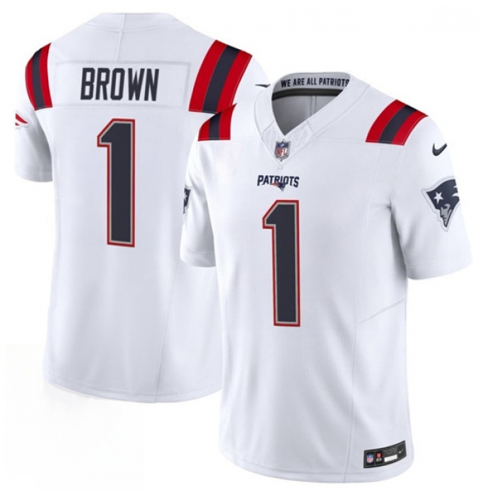 Men's New England Patriots #1 A.J. Brown White 2026 F.U.S.E. Vapor Limited Football Stitched Jersey
