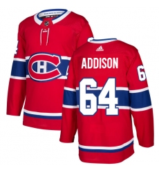Youth Adidas Montreal Canadiens #64 Jeremiah Addison Authentic Red Home NHL Jersey