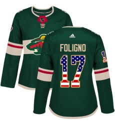 Women's Adidas Minnesota Wild #17 Marcus Foligno Authentic Green USA Flag Fashion NHL Jersey
