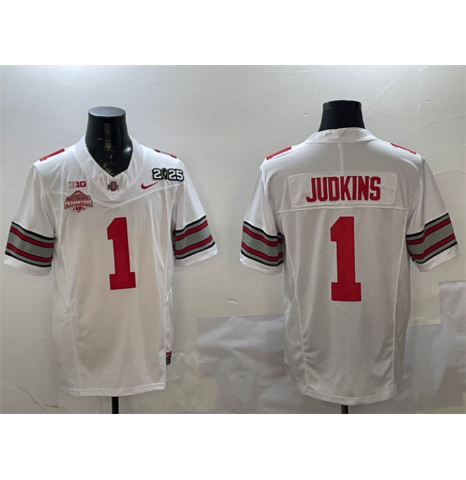 Men's Ohio State Buckeyes #1 Quinshon Judkins White 2025 CFP Final With National Champions F.U.S.E. Vapor Limited Stitched Football Jersey