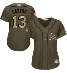 Women's Majestic Miami Marlins #13 Starlin Castro Authentic Green Salute to Service MLB Jersey