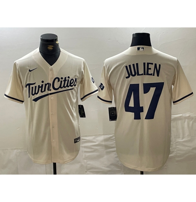 Men's Minnesota Twins #47 Edouard Julien Cream Cool Base Stitched Baseball Jersey