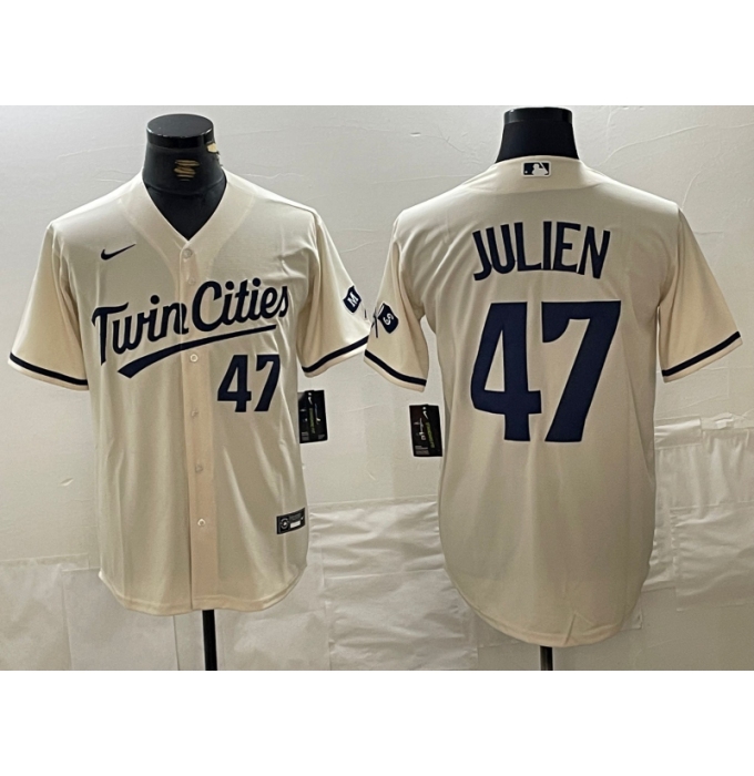 Men's Minnesota Twins #47 Edouard Julien Number Cream Cool Base Stitched Baseball Jersey