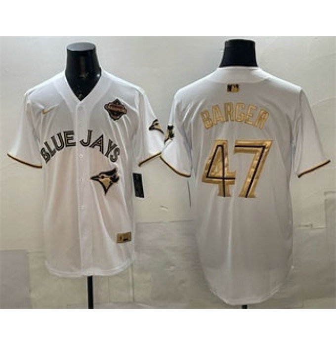 Men's Toronto Blue Jays #47 Addison Barger White Gold 2025 American League Champions Limited Stitched Jersey