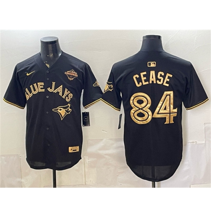 Men's Toronto Blue Jays #84 Dylan Cease Black Gold 2025 American League Champions Limited Stitched Baseball Jersey