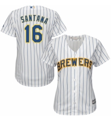 Women's Majestic Milwaukee Brewers #16 Domingo Santana Replica White Home Cool Base MLB Jersey