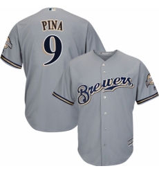 Men's Majestic Milwaukee Brewers #9 Manny Pina Replica Grey Road Cool Base MLB Jersey