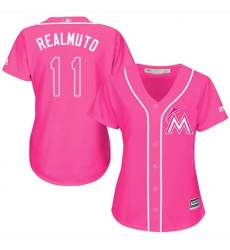 Women's Majestic Miami Marlins #11 J. T. Realmuto Replica Pink Fashion Cool Base MLB Jersey