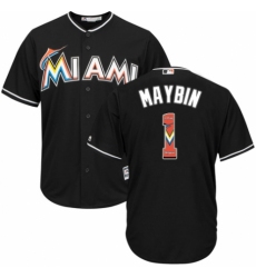 Men's Majestic Miami Marlins #1 Cameron Maybin Authentic Black Team Logo Fashion Cool Base MLB Jersey