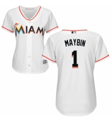 Women's Majestic Miami Marlins #1 Cameron Maybin Authentic White Home Cool Base MLB Jersey