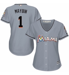 Women's Majestic Miami Marlins #1 Cameron Maybin Replica Grey Road Cool Base MLB Jersey