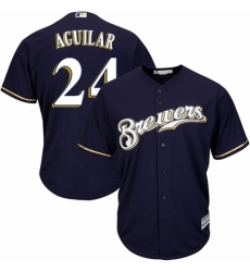 Men's Majestic Milwaukee Brewers #24 Jesus Aguilar Replica Navy Blue Alternate Cool Base MLB Jersey