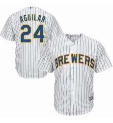 Men's Majestic Milwaukee Brewers #24 Jesus Aguilar Replica White Home Cool Base MLB Jersey