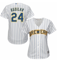 Women's Majestic Milwaukee Brewers #24 Jesus Aguilar Replica White Home Cool Base MLB Jersey