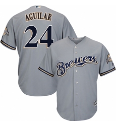 Youth Majestic Milwaukee Brewers #24 Jesus Aguilar Replica Grey Road Cool Base MLB Jersey