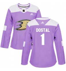 Women's Adidas Anaheim Ducks #1 Lukas Dostal Authentic Purple Fights Cancer Practice NHL Jersey