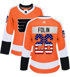 Women's Adidas Philadelphia Flyers #26 Christian Folin Authentic Orange USA Flag Fashion NHL Jersey