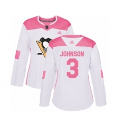 Women's Pittsburgh Penguins #3 Jack Johnson Authentic White Pink Fashion Hockey Jersey