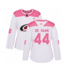 Women's Adidas Carolina Hurricanes #44 Calvin De Haan Authentic White Pink Fashion NHL Jersey