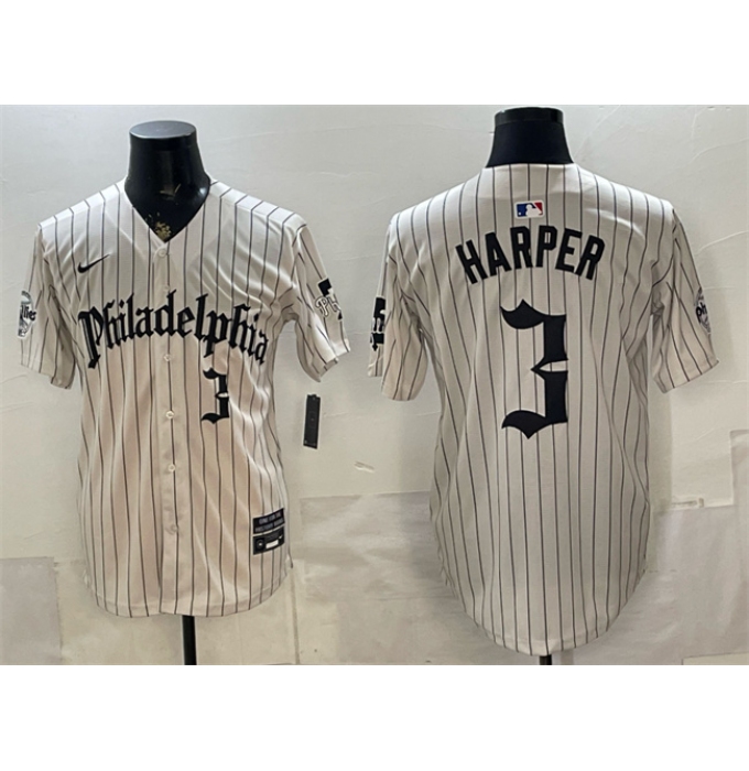 Men's Philadelphia Phillies #3 Bryce Harper Cream Pinstripe Gothic Vapor Limited Stitched Jersey
