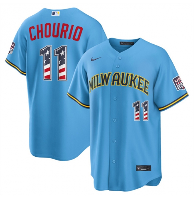 Men's Milwaukee Brewers #11 Jackson Chourio Blue 2026 USA 250 Fourth of July Home Stadium Stitched Baseball Jersey