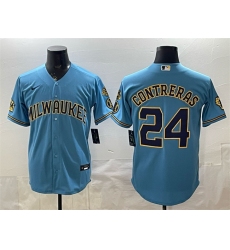 Men's Milwaukee Brewers #24 William Contreras Blue With Home & Bob Uecker Stitched Baseball Jersey