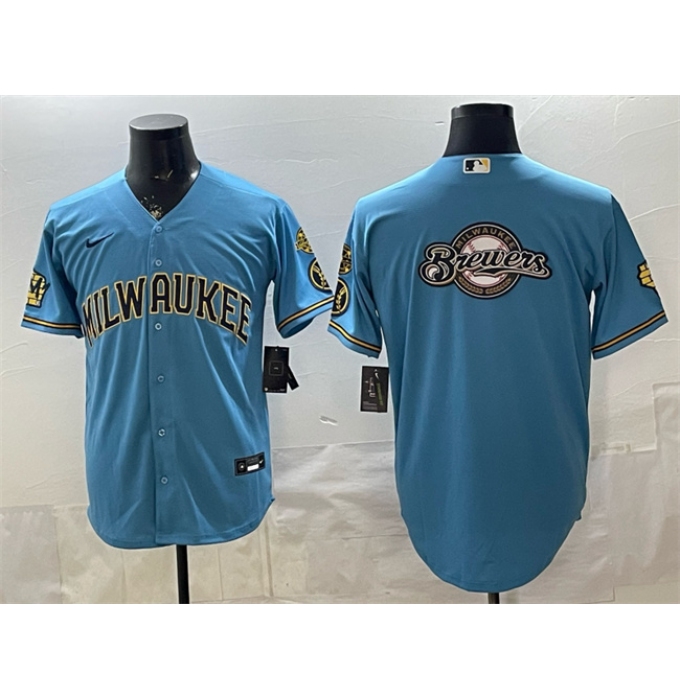 Men's Milwaukee Brewers Team Big Logo Blue With Home & Bob Uecker Stitched Baseball Jersey