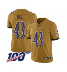 Youth Baltimore Ravens #43 Justice Hill Limited Gold Inverted Legend 100th Season Football Jersey