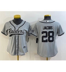 Women's Las Vegas Raiders #28 Josh Jacobs Gray With Patch Cool Base Stitched Baseball Jersey(Run Small)