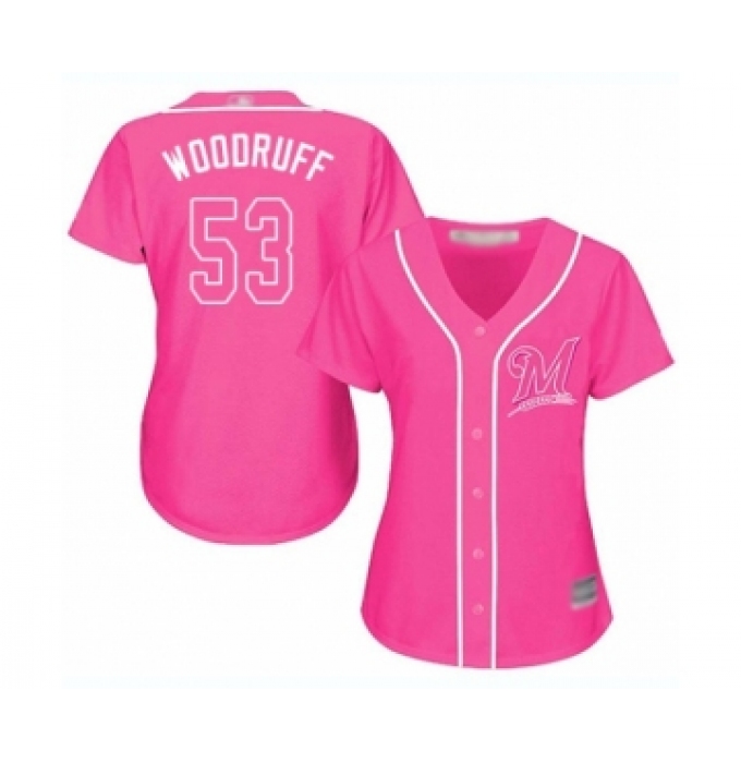 Women's Milwaukee Brewers #53 Brandon Woodruff Authentic Pink Fashion Cool Base Baseball Jersey