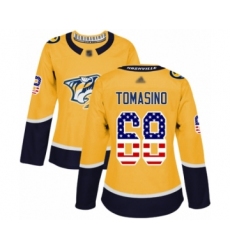 Women's Nashville Predators #68 Philip Tomasino Authentic Gold USA Flag Fashion Hockey Jersey