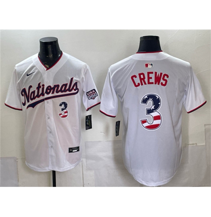 Men's Washington Nationals #3 Dylan Crews White USA 250 Fourth of July Home Stitched Baseball Jersey