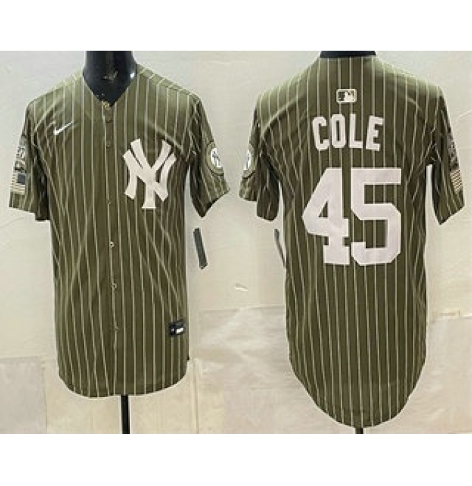 Men's New York Yankees #45 Gerrit Cole Olive Pinstripe 2026 Armed Forces Day Salute To Service Jersey