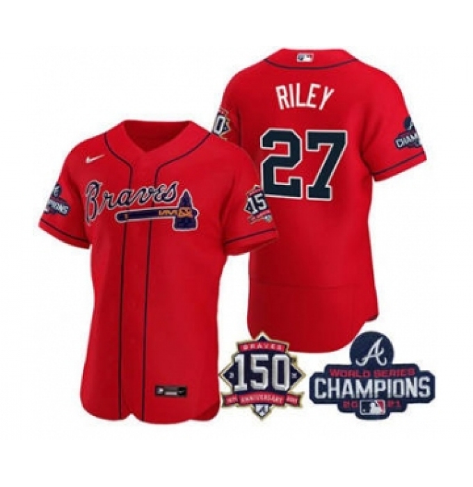 Men's Atlanta Braves #27 Austin Riley 2021 Red World Series Champions With 150th Anniversary Flex Base Stitched Jersey