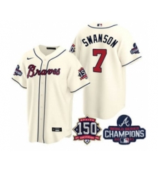 Men's Atlanta Braves #7 Dansby Swanson 2021 Cream World Series Champions With 150th Anniversary Patch Cool Base Stitched Jersey