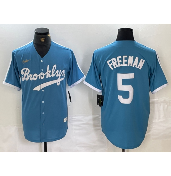 Men's Brooklyn Dodgers #5 Freddie Freeman Light Blue Cooperstown Collection Cool Base Jersey