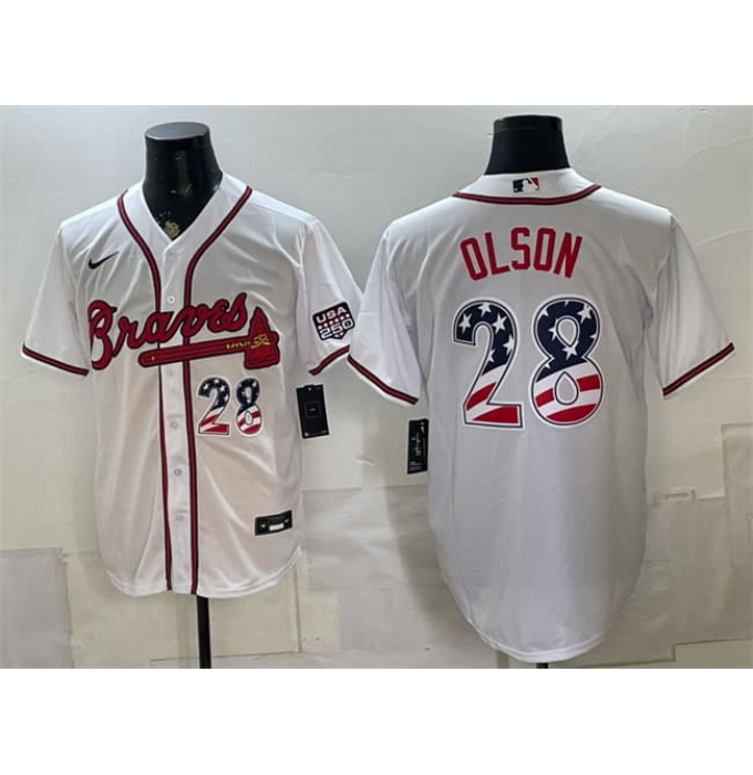Men's Atlanta Braves #28 Matt Olson White USA 250 Fourth of July Home Stadium Stitched Baseball Jersey