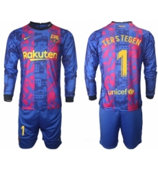 Men 2021-2022 Club Barcelona Second away blue Long Sleeve 1 Soccer Jersey