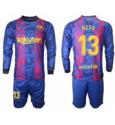 Men 2021-2022 Club Barcelona Second away blue Long Sleeve 13 Soccer Jersey