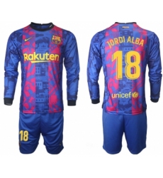 Men 2021-2022 Club Barcelona Second away blue Long Sleeve 18 Soccer Jersey