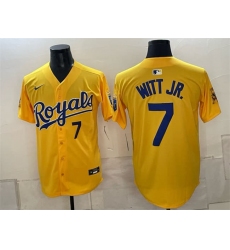 Men's Kansas City Royals #7 Bobby Witt Jr. Gold Sluggerrr Vapor Limited Stitched Baseball Jersey
